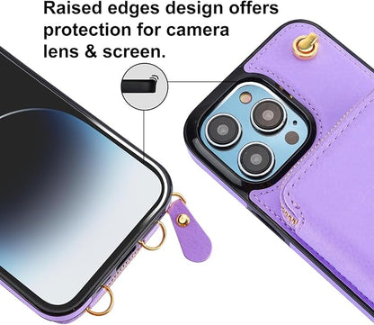 Bocasal Crossbody Wallet Case for iPhone 14 Pro Max, RFID Blocking Leather Purse Case with Card Holder, Protective Handbag Flip Cover with Zipper Wrist Strap Lanyard for Women 5G 6.7 Inch (Purple)