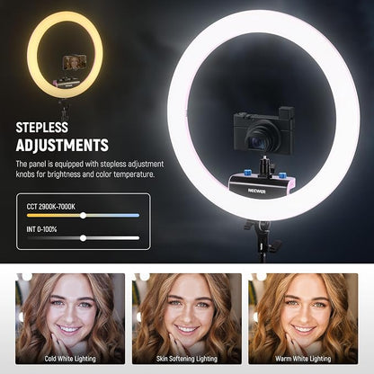 NEEWER Professional Ring Light with Stand and Phone Holder, 18 inch Ultra Thin, 45W 2900K-7000K TLCI98, Remote Shutter & App Control, Softer Lighting for Makeup Live Stream TikTok, RP18B Pro Pink