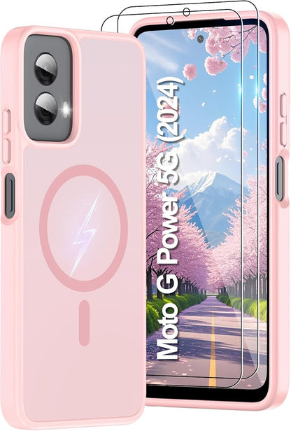 for Motorola Moto g Power 2024 Case [Compatible with Magsafe] Translucent Matte Magnetic Phone Case,Slim Thin Duty Shockproof Protection Cover with 2pc HD Screen Protector for Moto g Power 2024-Pink