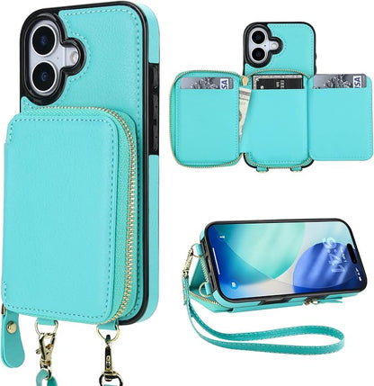 Bocasal RFID Blocking Wallet Case for iPhone 17, Adjustable Crossbody Zipper Purse Case Card Holder with Kickstand Detachable Wrist Strap, PU Leather Flip Folio Case 6.3 Inch 5G (Mint Green)