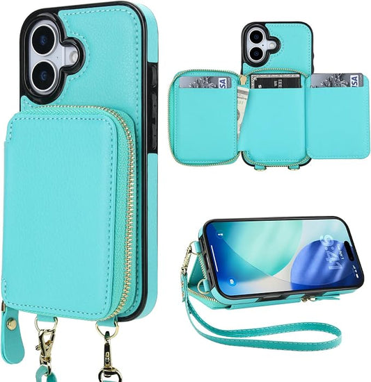 Bocasal RFID Blocking Wallet Case for iPhone 17, Adjustable Crossbody Zipper Purse Case Card Holder with Kickstand Detachable Wrist Strap, PU Leather Flip Folio Case 6.3 Inch 5G (Mint Green)