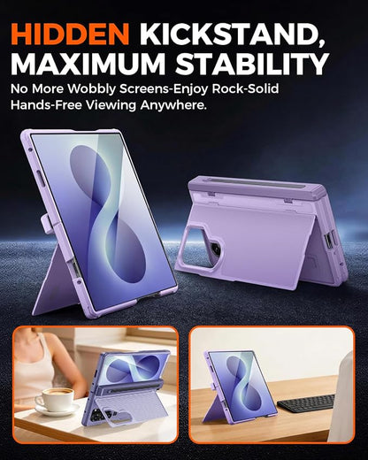 NINKI for Samsung Galaxy Z Fold 8 Ultra Case with S Pen Holder & Stylus & Hidden Kickstand, Magnetic Screen Protector Hinge Phone Cover for Samsung Z Fold 8 Ultra Case with Slim S Pen Slot – Purple