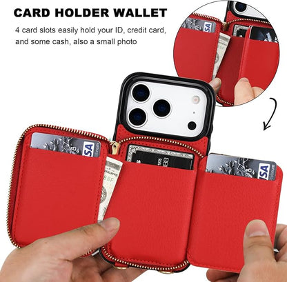 Bocasal Crossbody Wallet Case for iPhone 17 Pro, RFID Blocking PU Leather Zipper Handbag Purse Flip Cover, Kickstand Folio Case with Card Slots Holder Wrist Strap Lanyard 5G 6.3 Inch (Red)