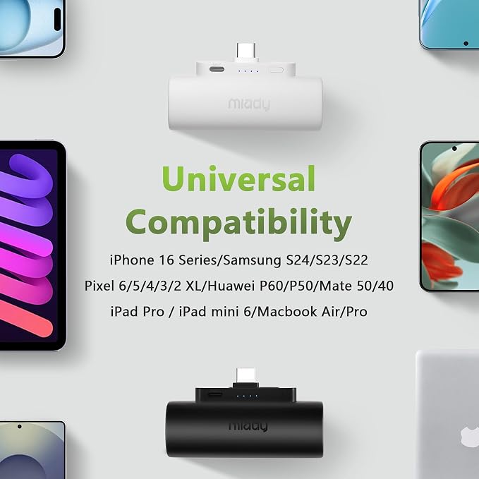Miady 2-Pack Mini Portable Charger Built-in USB C Connector Small PowerBank | 5000mAh丨Lightweight丨for Backpack Travel丨Compatible with iPhone 17 Galaxy Android丨Ultra-Compact丨Flight-Safe丨18Wh丨Blue+Pink