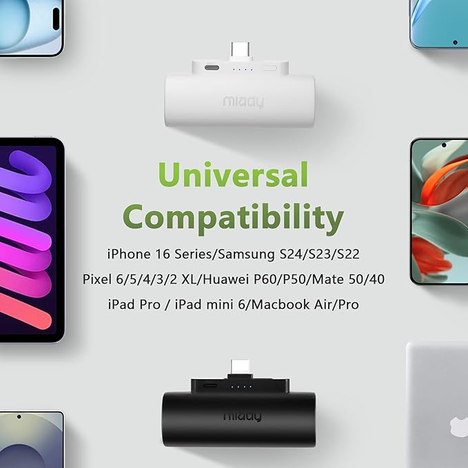 Miady 12-Pack Mini Portable Charger Built-in USB C Connector Power Bank | 5000mAh丨Lightweight丨for Backpack Travel丨Compatible with iPhone 17 Galaxy Android丨Ultra-Compact丨Flight-Safe丨18Wh丨6 colors
