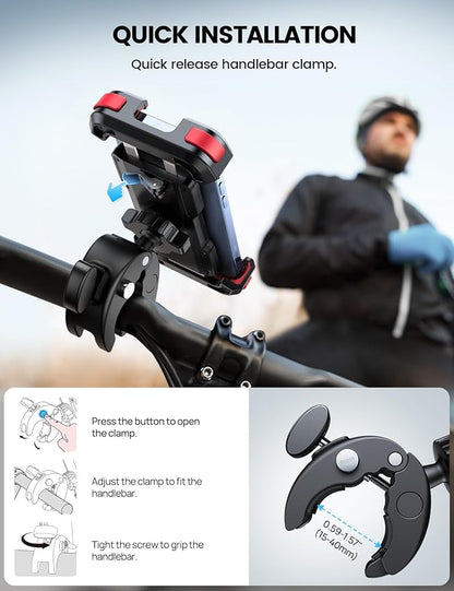Lamicall Motorcycle Phone Mount, Bike Phone Holder - Upgrade Quick Install Handlebar Clip for Bicycle Scooter, Cell Phone Clamp for iPhone Air, 17 16 15 Pro Max, Galaxy, 4.7-6.8" Phones, Red