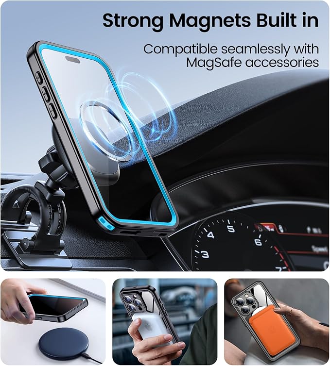 Temdan Magnetic for iPhone 15 Pro Max Case Waterproof,Built-in Screen Protector[IP68 Underwater][Upgrade Military Dropproof][Compatible with MagSafe] Full Body Shockproof Case-Blue