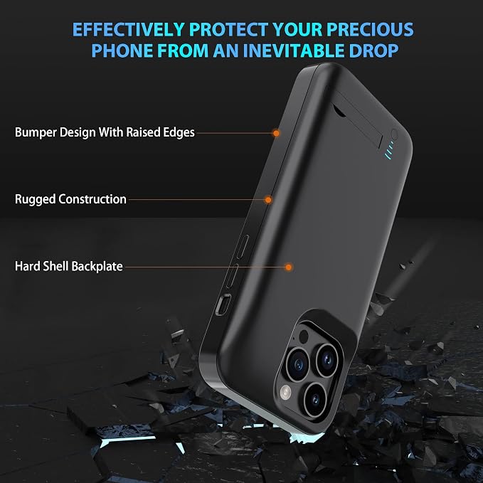 Battery Case for iPhone 16 Pro Max, Extended Battery Power Charging Case for iPhone 16 Pro Max 5G Portable Rechargeable Protective Charger Cover, Perfect for Business Travel, Black