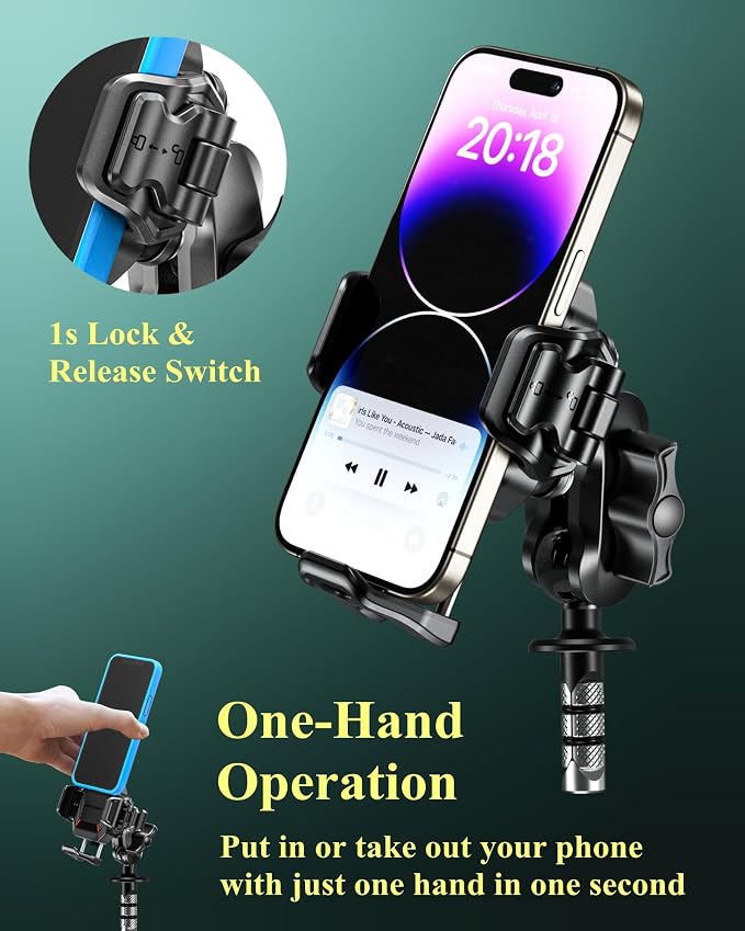 BRCOVAN Anti-Theft Motorcycle Fork Stem Phone Mount Holder with Vibration Dampener [1s Lock] [Camera Friendly] Adjustable Size Mobile Phone Cradle Fit 5.4-7.2" Cellphones