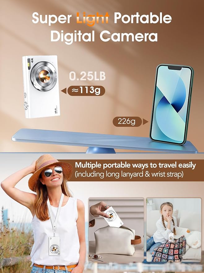Digital Camera,Autofocus 4K Vlogging Camera for Photography with 32GB Card,48MP Portable Compact Point and Shoot Digital Camera for Teens Adult Beginner with 16X Zoom,Anti-Shake,2 Batteries(White)