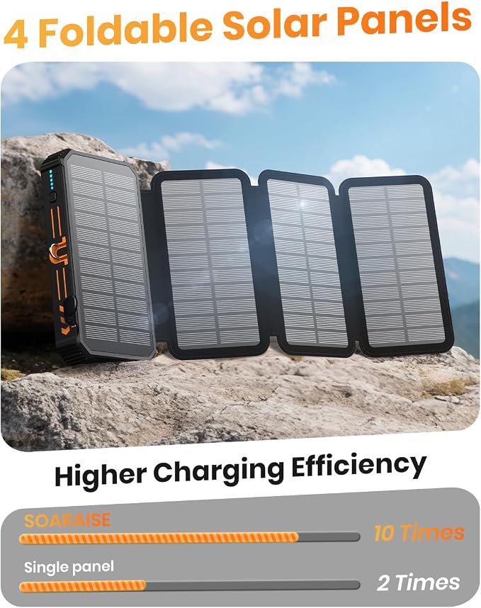 SOARAISE Solar Charger Power Bank - 48000mAh Wireless Portable Charger Built-in 4 Cables and 4 Solar Panels, PD QC 3.0 Fast Charging USB C Battery Pack with Flashlight for Camping Travel