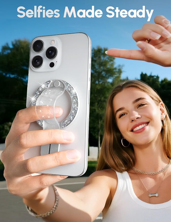 for MagSafe Phone Grip for iPhone - Glitter Magnetic Phone Ring Holder for Women Girs - Comfortable Stylish Finger Phone Loop Grip for iPhone 17/16/15/14/13/12,Glitter Silver