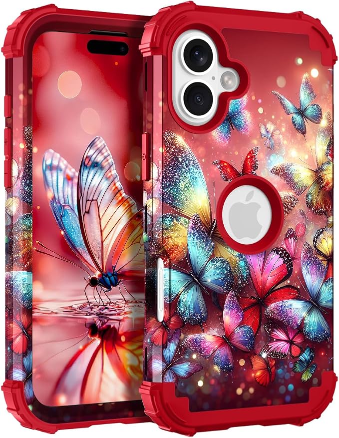 Hocase for iPhone 17 Case 6.3", Heavy Duty Shockproof Protection Soft Silicone Rubber+Hard Plastic Bumpers Hybrid Protective Case for iPhone 17 2025 - Shimmering Butterflies in Red