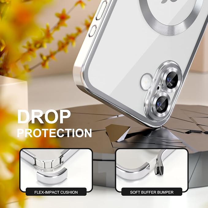 Misea Magnetic for iPhone 17 Case Compatible with MagSafe [Never Yellowing] [Military Grade Drop Protection] Full Camera Lens Protector Plating Soft Clear Phone Case for Women, Silver