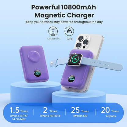 GKUTW Magnetic Portable Charger for iPhone and Apple Watch, 10800mAh 25W PD Fast Charging Power Bank, Dual-Side Magnet Design Travel Essentials Battery Pack for iPhone 17/16/15/14/13/12 (Purple)