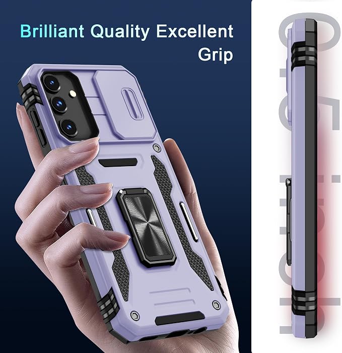 DEERLAMN Case for Samsung Galaxy A15 5G with Slide Camera Cover+Screen Protector (1 Pack), Rotated Ring Kickstand Military Grade Shockproof Protective Cover-Light Purple