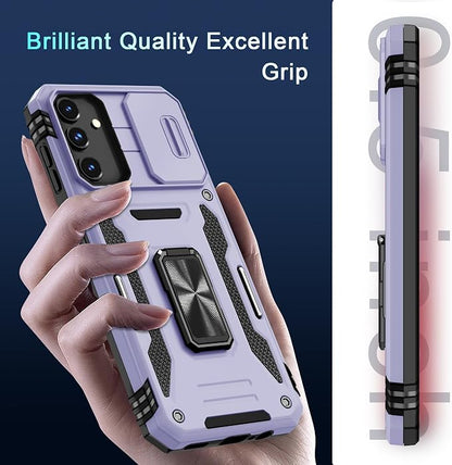 DEERLAMN Case for Samsung Galaxy A15 5G with Slide Camera Cover+Screen Protector (1 Pack), Rotated Ring Kickstand Military Grade Shockproof Protective Cover-Light Purple