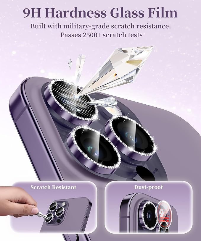 GolbinBox Camera Lens Protector for iPhone 14 Pro/14 Pro Max, 1:1 Invisible Fit, 9H Tempered Glass Ultra HD Metal Individual Camera Cover for Women, Case Friendly, Bling/Deep Purple