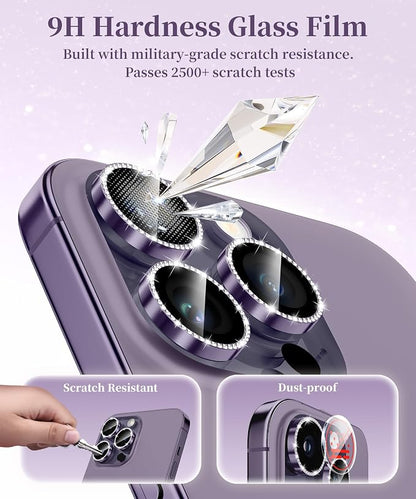 GolbinBox Camera Lens Protector for iPhone 14 Pro/14 Pro Max, 1:1 Invisible Fit, 9H Tempered Glass Ultra HD Metal Individual Camera Cover for Women, Case Friendly, Bling/Deep Purple