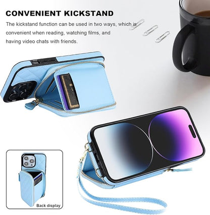 Bocasal Crossbody Wallet Case for iPhone 14 Pro Max, RFID Blocking PU Leather Zipper Handbag Purse Flip Cover, Kickstand Folio Case with Card Slots Holder Wrist Strap Lanyard 5G 6.7 Inch (Blue)