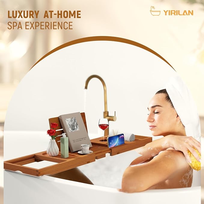 Yirilan Teak Bathtub Tray for Tub, Bath Table Tray for Tub Wood, Bathtub Caddy, Luxury Gift for House Warming, Wedding, Bridal Shower, Anniversary