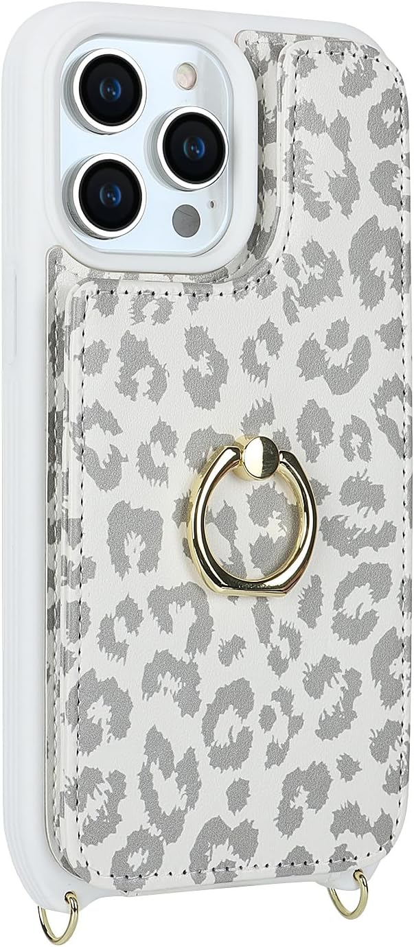 Lipvina for iPhone 12/12 Pro Case with Card Holder and Strap for Women,Crossbody Lanyard,RFID Blocking,Kickstand Ring Stand,Snap Clasp,Cute Phone Wallet Cases 6.1 inch(White Leopard)