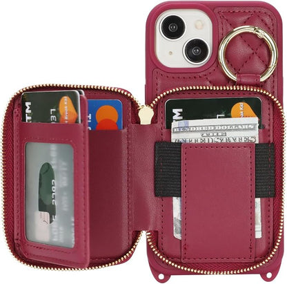 Crossbody Wallet Case for iPhone 14, PU Leather Zipper Handbag Purse Flip Cover, Kickstand Folio Case with Card Slots Holder Wrist Strap Lanyard 5G 6.1 Inch-Dark red