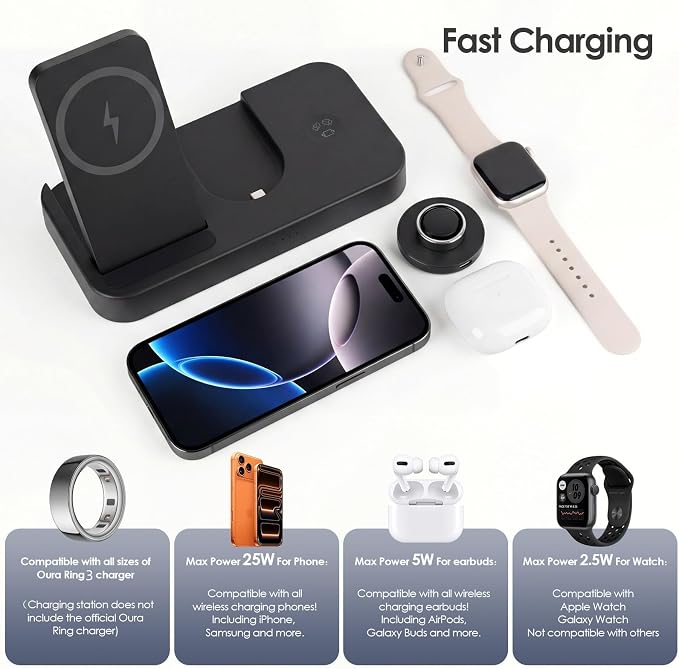 4 in 1 Charging Station for Oura Ring Gen 3 Charger (Oura Ring Charger NOT Included), 25W Fast Magnetic Charger for iPhone, Apple Watch, AirPods, Wireless Charger for Samsung Galaxy