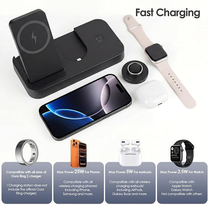 4 in 1 Charging Station for Oura Ring Gen 3 Charger (Oura Ring Charger NOT Included), 25W Fast Magnetic Charger for iPhone, Apple Watch, AirPods, Wireless Charger for Samsung Galaxy