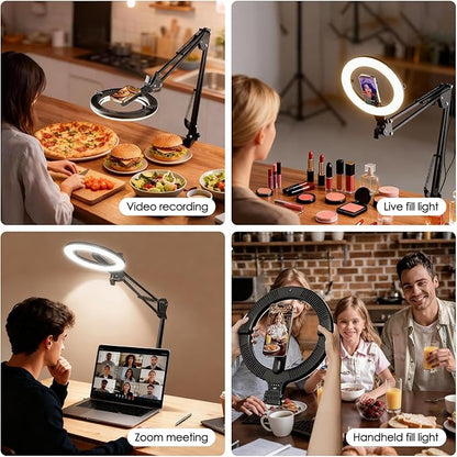 Magnetic Overhead Phone Mount with 10” Ring Light, 5000mAh Flexible Articulating Circle Lamp Table Tripod, iPhone Stand for Video Recording Cooking Nail, Zoom Meeting, Live Streaming Tiktok