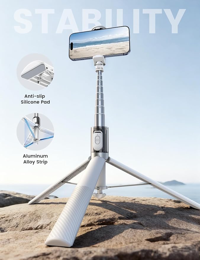 Lamicall 65" Phone Tripod & Selfie Stick - [Tap-to-Open] iPhone Tripod with Remote & Cold Shoe, Aluminum Phone Stand for Recording Compatible with iPhone for Video Recording Live Stream Vlog White