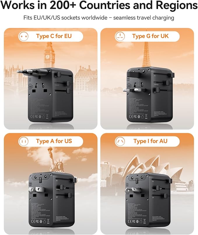 ORICO Universal Travel Adapter 70W GaN International Power Adapter | 7 in 1 (2 AC, 3 USB-C, 2 USB-A) European Travel Plug Adapter, Built-in Retractable USB-C Cable for Eu UK AU 200+ Countries
