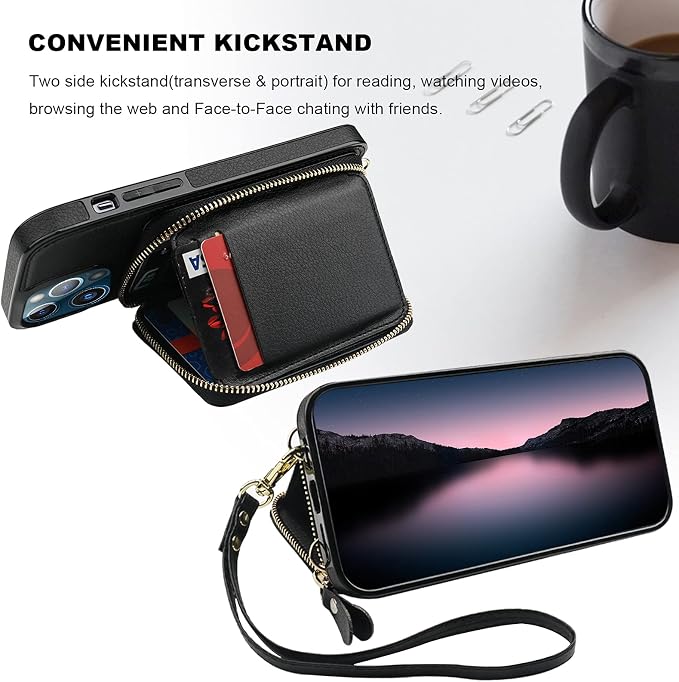 Bocasal RFID Blocking Wallet Case for iPhone 13 Pro Max, Adjustable Crossbody Zipper Purse Case Card Holder with Kickstand Detachable Wrist Strap, PU Leather Flip Folio Case 6.7 Inch 5G (Black)