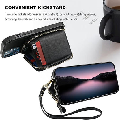 Bocasal RFID Blocking Wallet Case for iPhone 13 Pro Max, Adjustable Crossbody Zipper Purse Case Card Holder with Kickstand Detachable Wrist Strap, PU Leather Flip Folio Case 6.7 Inch 5G (Black)
