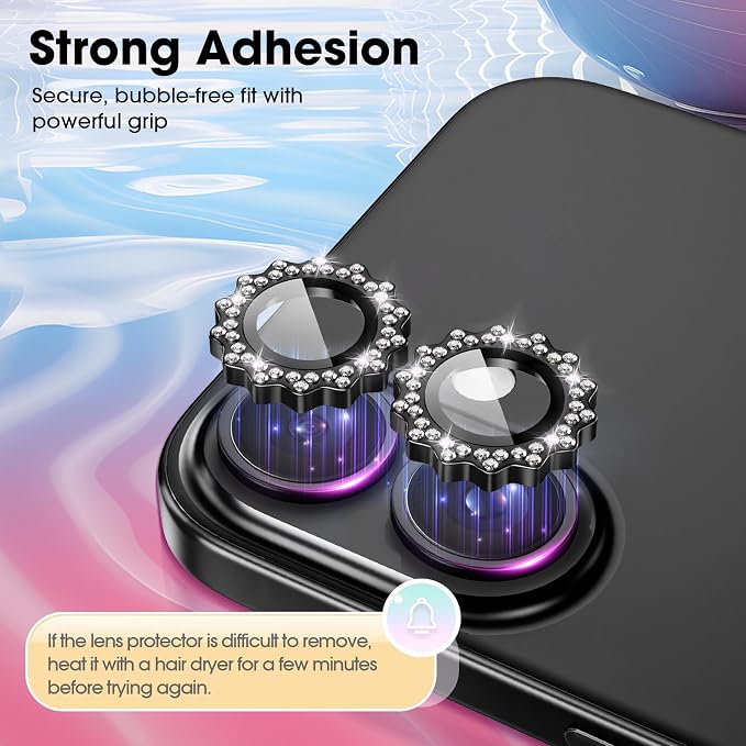 Xfilm for iPhone 16/16 Plus Camera Lens Protector Bling Individual Sun Design Diamond Ring 9H Hardness Scratchproof Protector, Stylish Phone Accessories, Case Friendly (Black)