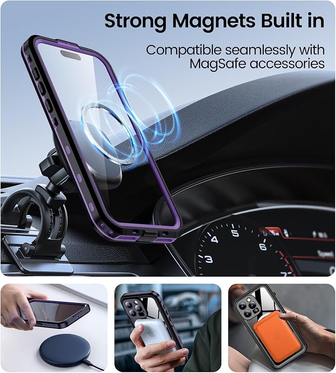 Temdan Magnetic for iPhone 15 Pro Case Waterproof,Built-in Screen Protector[IP68 Underwater][Upgrade Military Dropproof][Compatible with MagSafe] Full Body Shockproof Translucent Case 6.7''-Purple