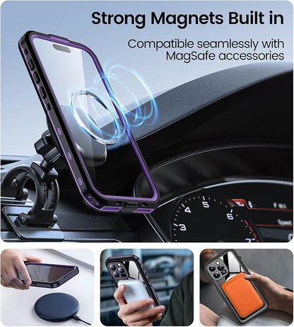 Temdan Magnetic for iPhone 15 Pro Case Waterproof,Built-in Screen Protector[IP68 Underwater][Upgrade Military Dropproof][Compatible with MagSafe] Full Body Shockproof Translucent Case 6.7''-Purple