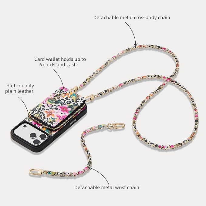 ZVE for iPhone 17 Pro Case Wallet with Crossbody Strap, Leather Zipper Handbag Purse Cover for Women 6.3" Leopard