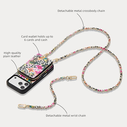 ZVE for iPhone 17 Pro Case Wallet with Crossbody Strap, Leather Zipper Handbag Purse Cover for Women 6.3" Leopard