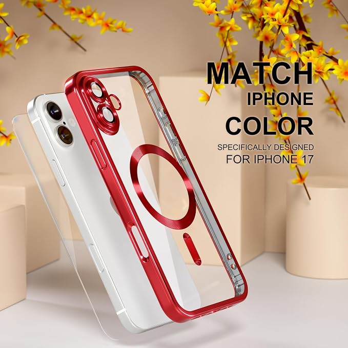 Misea Magnetic for iPhone 17 Case Compatible with MagSafe [Never Yellowing] [Military Grade Drop Protection] Full Camera Lens Protector Plating Soft Clear Phone Case for Women, Red