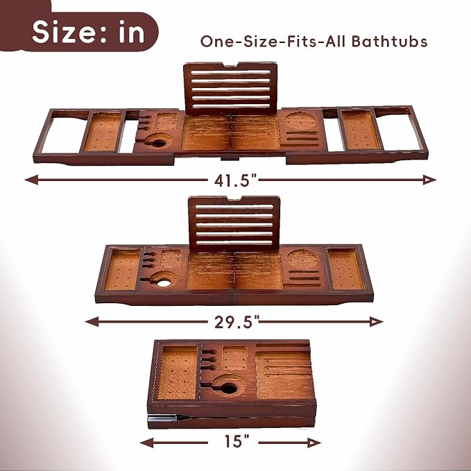 Premium Foldable Bamboo Bathtub Tray Caddy, Expandable Bath Caddy Tray with Holder, Brown Bath Shelf Over Tub, Spa Bathroom Accessories & Gifts for Home