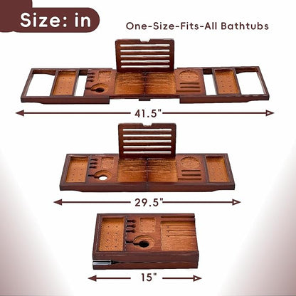 Premium Foldable Bamboo Bathtub Tray Caddy, Expandable Bath Caddy Tray with Holder, Brown Bath Shelf Over Tub, Spa Bathroom Accessories & Gifts for Home