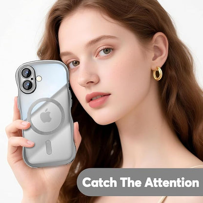 Misscase for iPhone 17 Case with Privacy Screen Protector,Compatible with MagSafe,Cute Wave Frame Anti-Scratch Case with Camera Lens Protector Plating Bling Case for iPhone 17 6.3" Women Silver