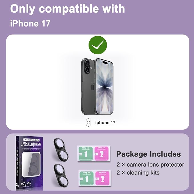 2 Pack Camera Lens Protector for iPhone 17,[Not Easy to Breakn ] AR Tempered Glass Strong Adsorption Metal Camera Cover Screen-Black