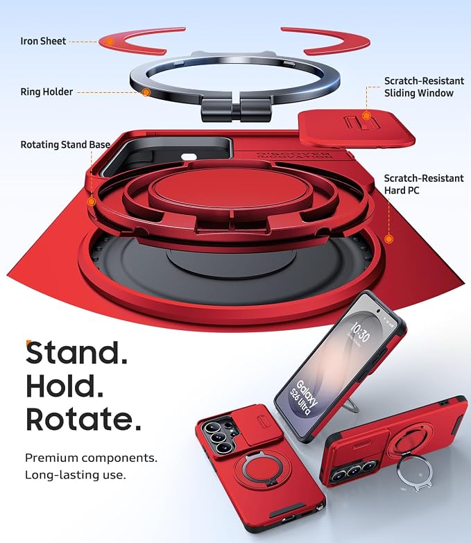 JAME for Samsung Galaxy S26 Ultra Case, Ring Holder Stand Kickstand, Slide Camera Cover with Screen Protector, Dual-Layer Shockproof Protective Magnetic Accessory Friendly S26 Ultra Phone Case, Red