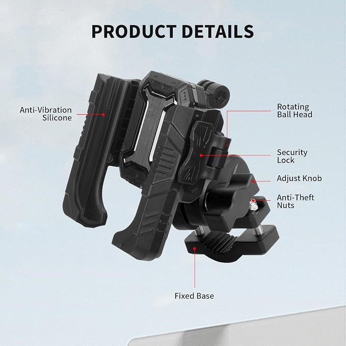 Motorcycle Ebike Phone Mount with Vibration Dampener,360°Adjustable Dual Ball Head & Anti-Shock Handlebar Holder for Bicycle Scooter ATV Fit For (5.4-7.2")iPhone 16/15/14/13 Pro Max ,Pipe Clamp, 75023