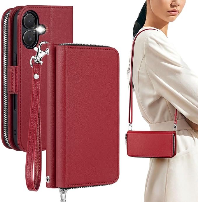 OCASE for iPhone 17 Crossbody Wallet Case - Stylish PU Leather Handbag Phone Purse with Zipper Closure, Card Slots & RFID Blocking - Wrist Strap, Lanyard, Kickstand - Red