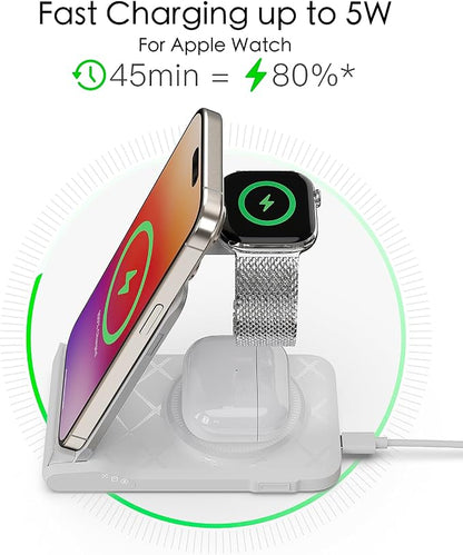 3 in 1 Charging Station for Multiple Devices,Travel Wireless Charging Station, Foldable Charger for iPhone 16/15/14/13/12/SE/11/X/8 Series,& Android Phone,& AirPods,& iWatch (Adapter Not Included)
