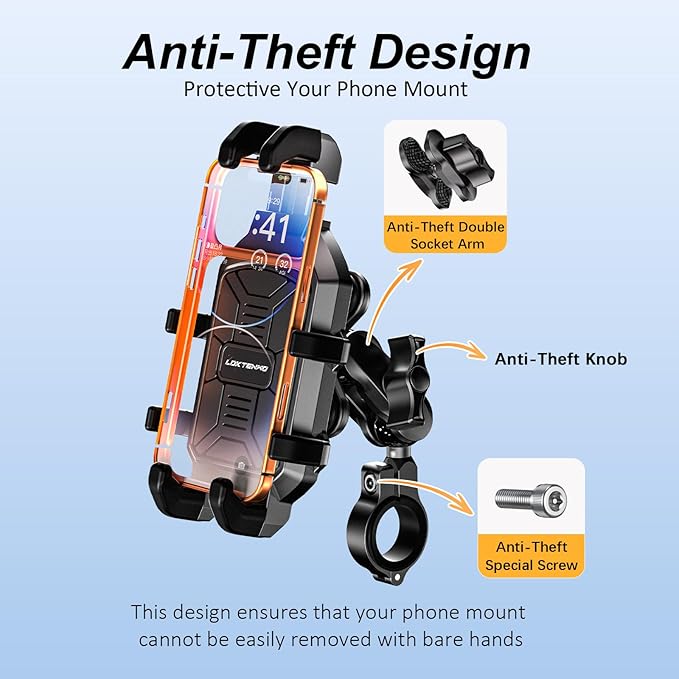 LOKTENWO Anti-Theft Motorcycle Phone Mount with Vibration Dampener [Metal Adjustment Arm] Aluminum Alloy Mounting Base, Anti-Shake Motorcycle Cellphone Holder for ATV Scooter for 5.4"-6.9" Phones