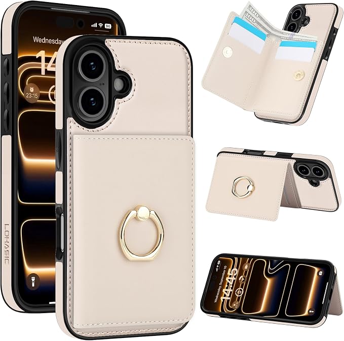 LOHASIC for iPhone 17 Case Wallet with Card Holder, 360° Rotation Ring, RFID Blocking, 5 Card Slots, PU Leather 6.3" Cover for Apple 17 Men Women, White